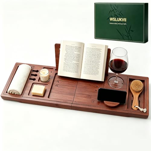 Bamboo Bathtub Tray, Expandable Foldable Bath Caddy, Walnut | 29-42" Bath Shelf Over Tub with Rotating Phone Holder, Tablet & Wine Holders, Locking Design for Spa, Bathroom & Gifts - color: B-walnut