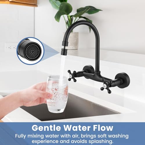 Airuida Matte Black Wall Mounted Kitchen Faucet,Utility Sink Faucet | 8 Inch Adjustable Center,360° Swivel Spout,Wall Mount Commercial Faucet,Double Cross Handle - color: Matte Black
