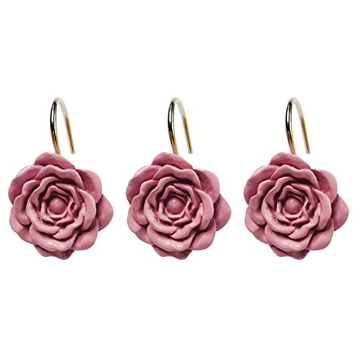Twofishes Pink Rose Shower Curtain Hooks Set of 12 Pink Rose Flower Shower Rings Pack of 12