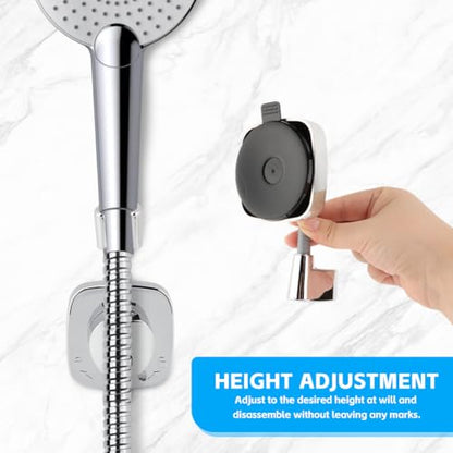 Shower Head Holder, Adjustable No-Drill Wall Mount for Suction Cup Handheld Shower, 360° Rotation ABS Shower Bracket with Hook, Fits RV/Apartments/Bathrooms