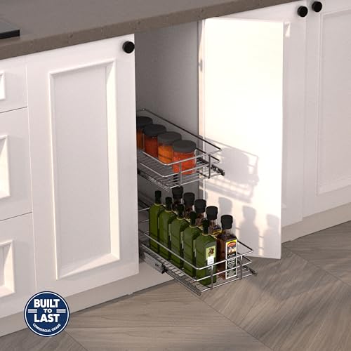 2-Tier Narrow Cabinet Pull Out Shelves, 8" W x 22" D, Chrome | Heavy-Gauge Wire Sliding Shelves, 100 lbs Limit, Ball-Bearing Glides, 3 Heights, Min 9" Opening, For Spices & Under Sink - size: 8 x 22 Inch