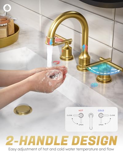 WOWOW Gold Bathroom Faucet 3 Hole Bathroom Sink Faucet Widespread Vanity Faucet 2 Handle Brass Basin Faucet with Pop Up Drain 8 Inch Mixer Tap Antique - color: Brushed Gold, size: Widespread