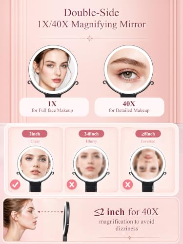 40X/1X Makeup Magnifying Mirror with Lights, 6inch Double-Sided LED Makeup Mirror, Desktop 1X/40X Travel Magnifying Mirror, 3 Color Dimmable Lights, 2000mAh Rechargeable Battery, 3 Ways to Use