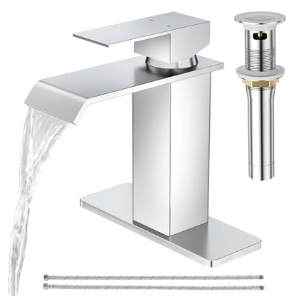 CREA Chrome Waterfall Bathroom Faucet 1 Hole,Chrome Bathroom Faucet Single Handle Bathroom Sink Faucet with Pop Up Drain Stopper/ 3 Hole Plate,Stainless Steel RV Vanity Faucet Basin Mixer Tap - color: Chrome, style: Wide Spout