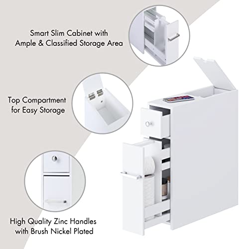 Spirich Slim Bathroom Storage Cabinet with Toilet Paper Holder, White | Slide-Out Drawers, Hidden Top Compartment, Toilet Paper Storage for Small Bathrooms, Powder Rooms, and Narrow Spaces - color: White
