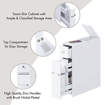 Spirich Slim Bathroom Storage Cabinet with Toilet Paper Holder, White | Slide-Out Drawers, Hidden Top Compartment, Toilet Paper Storage for Small Bathrooms, Powder Rooms, and Narrow Spaces - color: White