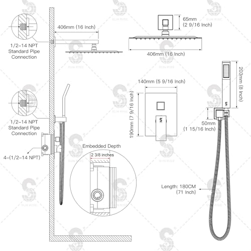 SR SUN RISE Matte Black Square Rainfall Shower Head and Handle Set, Wall Mounted Shower Fixtures, Metal Shower Faucet Trim Repair Kits (With Shower Valve) 16 Inches - color: Matte Black, size: 16 Inch