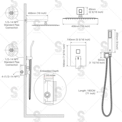 SR SUN RISE Matte Black Square Rainfall Shower Head and Handle Set, Wall Mounted Shower Fixtures, Metal Shower Faucet Trim Repair Kits (With Shower Valve) 16 Inches - color: Matte Black, size: 16 Inch