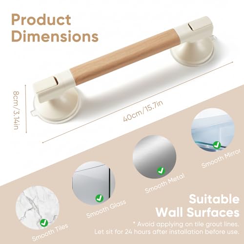 Suction Grab Bars for Bathtubs & Showers, 40cm | Suction Cup Removable Handrails, Weight Capacity: 265 lb, Bathroom Safety Grip, No Drilling Waterproof