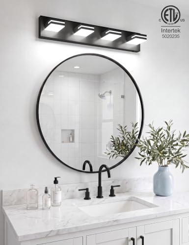 VOLISUN Modern 30-Inch Black Bathroom Vanity Light Fixtures, 4-Light, Cool White LED, Wall Mount, Touch Control - color: Matte Black-6000K, size: 30-Inch