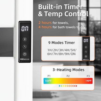 K&KALONZO Electric Heated Towel Rack, 2-Min Heat, Plug-in/Hardwired, H4-W | Wall Mounted, 10 Timers & 3 Heat Levels, 2H Rapid Dry, Anti-Scald, Aerospace Aluminum Towel Warmer for Bathroom, 4 Hooks, - color: White, size: 4-Bar