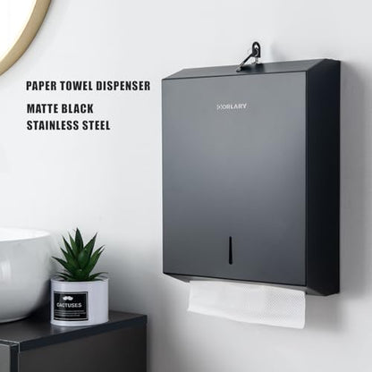 Gorlary Commercial Paper Towel Dispenser Wall Mount, Matte Black | Fits C-Fold Multifold Trifold Paper Towels, Stainless Steel Dispenser with Lock, Touchless Hand Towel Holder for Bathroom - color: Large-black
