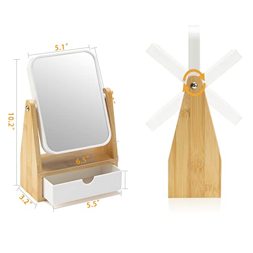 YEAKE Vanity Double Sided Magnifying Makeup Mirror with Storage, Adjustable Natural Bamboo Stand, Portable Desk/Table Mirror, Rectangular - size: 10.2"L x 6.5"W