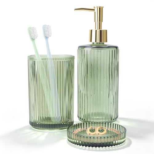 Green Glass Bathroom Accessories Set,Soap Dispenser,Toothbrush Holder,Tray | Elegant Bathroom Decor for Housewarming Gift - color: Green, size: 3PCS