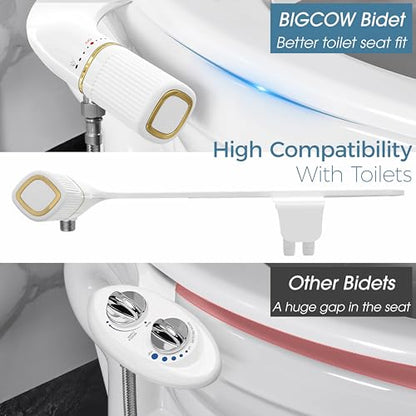 BIGCOW Ultra-Slim Bidet Attachment for Toilet - Dual Nozzle (Frontal & Rear Wash) with Adjustable Cold Water Pressure and Stainless Steel Inlet - Hygienic Solution for Fresh Cleanliness, Gold 1 Pcs - color: Gold