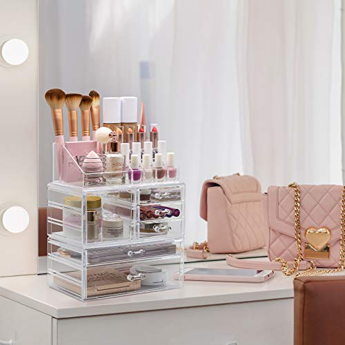 Sorbus Large Clear Makeup Organizer - Detachable 3-Piece Jewelry & Make Up Organizers and Storage Set - Spacious Cosmetic Display Tower - Makeup Organizer for Vanity, Bathroom, Dresser & Countertop - style: Modular Case