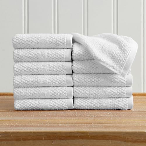 Great Bay Home 100% Cotton 12 Pack Washcloth Set - Absorbent, Quick-Drying, Textured Weave Bath Towels for Bathroom - Zero-Twist Fibers (White) - color: White, size: Washcloth (Pack of 12)