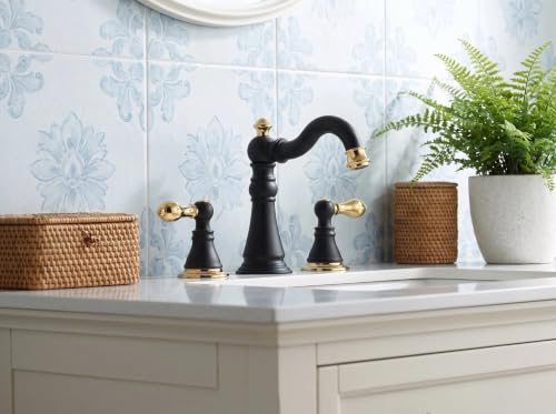 Matte Black with Brass 2-Handle 8 Inch Widespread Bathroom Faucet, 3 Holes | Derengge Traditional Widespread Sink Faucet, With Pop-Up Drain 360° Swivel Stainless Steel Spout, F-8805-MG - color: Matte Black with Polished Brass Trim