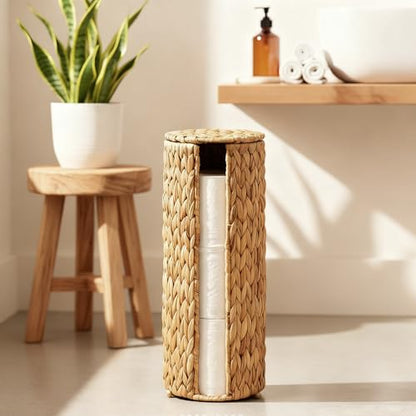PINXIURY Water Hyacinth Paper Roll Holder, Wicker Toilet Paper Holder Stand for Bathroom, 3 Rolls of Toilet Paper Storage, Toilet Roll Holder Stand for Bathroom and Under Sink - color: Natural Water Hyacinth