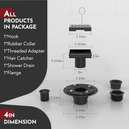 4 Inch Square Shower Drain Bronze Floor Drain with Flange Square Holes Pattern Cover Grate Removable SUS304 Stainless Steel Watermark&CUPC Certified Oil Rubbed Bronze - color: Oil Rubbed Bronze, size: 4 Inch