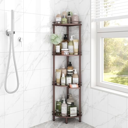 ELYKEN Corner Shower Caddy Standing, 4 Tier Metal Shower Organizer, Bronze | Stainless Steel Shower Shelves with Soap Holder, Adjustable Feet & 2 Hooks for Storing Bath Essentials in Bathroom corner - color: Bronze, size: 4 Tier