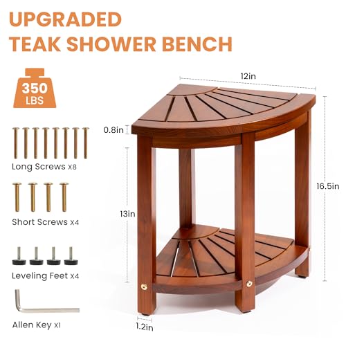Axeman Space-Saving Teak Shower Stool with Storage Shelf - 12" Corner Shower Bench for Small Spaces - Waterproof 2-Tier Design for Shaving, Bathing & More (350lb Capacity)