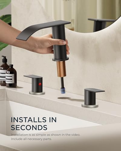 FORIOUS Bathroom Faucet 3 Hole 8 Inch Waterfall Black and Brushed Nickel | Bathroom Sink Faucet with Pop-up Drain and 24" Supply Lines, Two Handles, for Vanity Laundry Farmhouse School and Restroom - color: Black and Stainless Steel