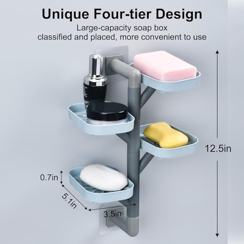 Soap Holder Four Layer Wall Mounted NO-Drilling Rotatable Self-draining Removable Soap Dish for Shower Bathroom Tray,Self Draining Sponge Holder,Razor Holder (Blue/Gray) - color: Blue/Gray