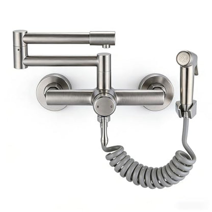 Kitchen Faucet Wall Mount with Side Sprayer, Folding Design for Bar Taps | 304 Stainless Steel Constructed, Rotatable, 8"" Center, Commercial Use - color: Style C, Independent Stand