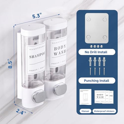 Shampoo and Conditioner Dispenser Bathroom Shower Soap Dispenser Wall Mounted Shampoo Dispenser for Shower Wall No Drill 2 * 300ml White 2 Chamber with Waterproof Labels - color: White 2