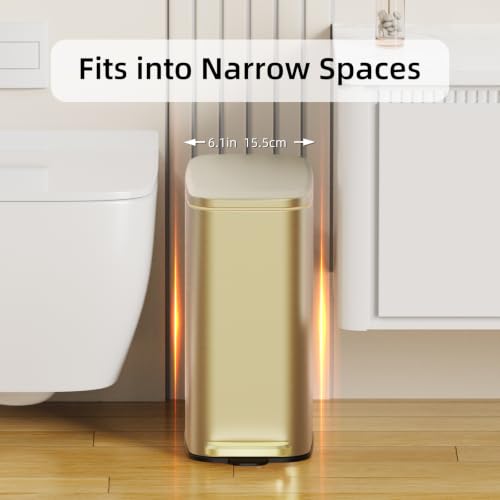 KSSKSS Small Bathroom Trash Can with Lid Soft Close, Step Pedal, 6L / 1.6 Gal Stainless Steel Garbage Bin with Removable Inner Bucket, Slim Wastebasket for Narrow Spaces (Gold) - color: Gold-p