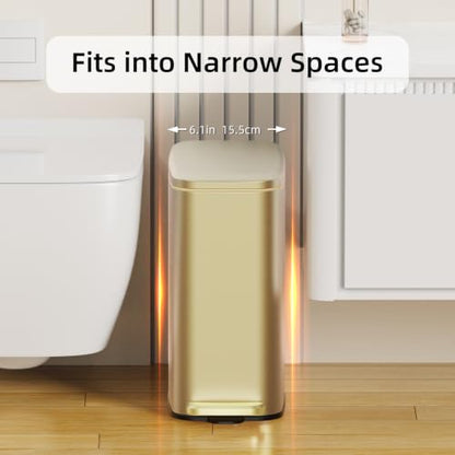 KSSKSS Small Bathroom Trash Can with Lid Soft Close, Step Pedal, 6L / 1.6 Gal Stainless Steel Garbage Bin with Removable Inner Bucket, Slim Wastebasket for Narrow Spaces (Gold) - color: Gold-p