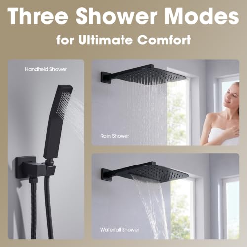 TRUSTMI 10" Shower System with Thermostatic Valve, Rainfall, Matte Black | Solid brass system with push-button diverter for waterfall and handheld spray. Anti-scald safety lock protects the family - color: Matte Black