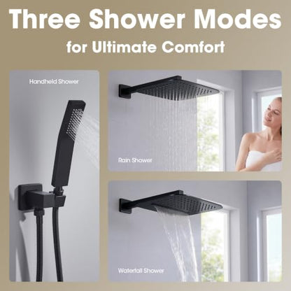 TRUSTMI 10" Shower System with Thermostatic Valve, Rainfall, Matte Black | Solid brass system with push-button diverter for waterfall and handheld spray. Anti-scald safety lock protects the family - color: Matte Black