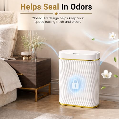 Bathroom Small Trash Can with Automatic Touchless Lid, 2.6 Gallon Smart Garbage Can Narrow Waterproof Trash Bin for Bedroom, Office, Living Room - color: 2.6 gallon-Gold white