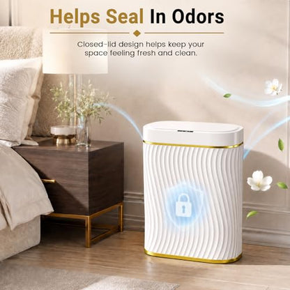 Bathroom Small Trash Can with Automatic Touchless Lid, 2.6 Gallon Smart Garbage Can Narrow Waterproof Trash Bin for Bedroom, Office, Living Room - color: 2.6 gallon-Gold white