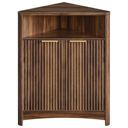 Corner Cabinet, Corner Storage with Fluted Panels and Adjustable Shelf, Modern Floor Cabinets for Small Spaces, Bathroom, Living Room, Kitchen, Walnut MCW23HT