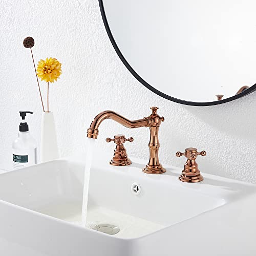 8-16 inch Two Handles 3 Holes Widespread Bathroom Sink Faucet Copper Basin Mixer Tap Faucet Matching Metal Pop Up Drain with Overflow - color: Copper, style: Metal Cover