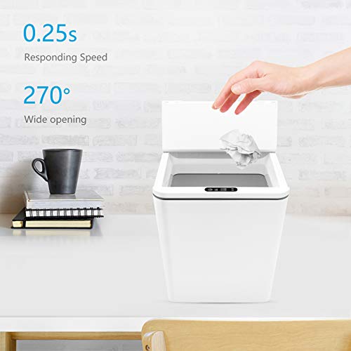 Automatic Small Countertop Trash Can with Lid, 1.5 Gal/6L Toucheless Mini Waste Bin for Office Desk/Bedside Table/Coffee Bar -Batteries, White - style: 6 Liter - 1.5 Gallon
