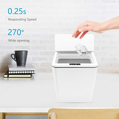 Automatic Small Countertop Trash Can with Lid, 1.5 Gal/6L Toucheless Mini Waste Bin for Office Desk/Bedside Table/Coffee Bar -Batteries, White - style: 6 Liter - 1.5 Gallon