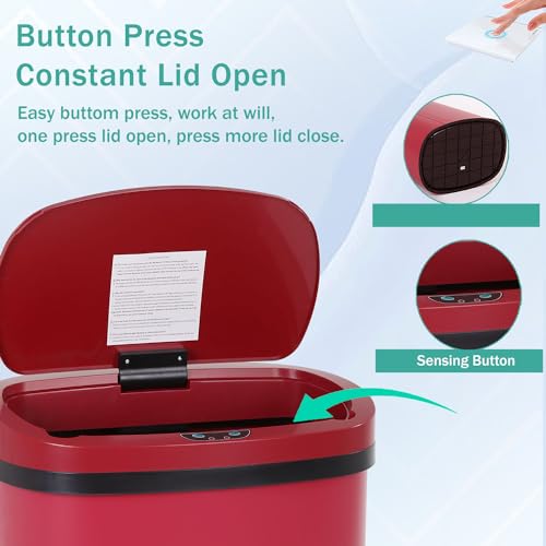PayLessHere 13 Gallon Kitchen Trash Can Automatic Garbage Can with Lid 50 Liter Touch Free High-Capacity Brushed Stainless Steel Waste Bin for Bathroom Bedroom Home Office (Red) - color: Red