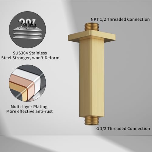 Brushed Gold Shower Arm with Flange, 4 inch, Short | Universal Replacement Part for Ceiling-Mounted Square Straight Shower Head Extension Arm Pipe, Stainless Steel - color: Brushed Gold