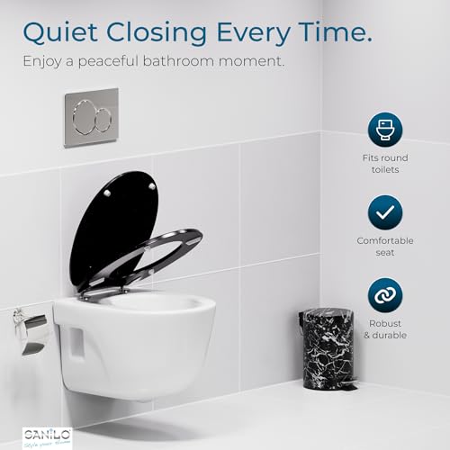 SANILO Wooden Toilet Seat with Soft Close [ROUND] - Decorative, Quiet & Slow Close Molded Wood Seat - With Strong Bumpers & Hinges - Adjustable Fit – Glittering Black - color: Glittering Black