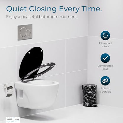 SANILO Wooden Toilet Seat with Soft Close [ROUND] - Decorative, Quiet & Slow Close Molded Wood Seat - With Strong Bumpers & Hinges - Adjustable Fit – Glittering Black - color: Glittering Black