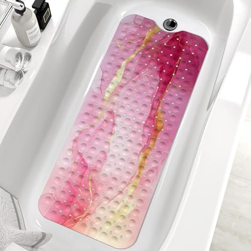 Marble Bath Tub Mat Non Slip, Pink Marble Non Slip Bath Mat for Shower, Large Washable Shower mats for Showers with Drain Holes and Suction Cups,40 X 16 Inch - color: Pink Marble