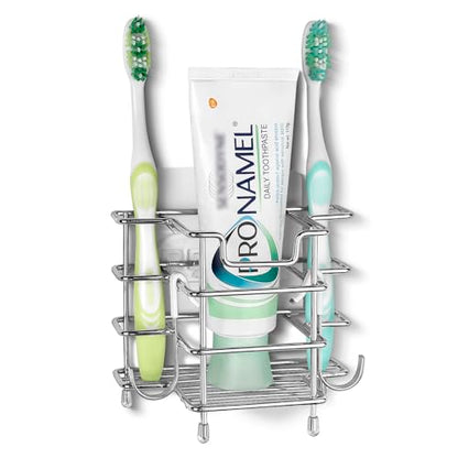 Linkidea Self Adhesive Toothbrush Holder for Shower, Stainless Steel Toothpaste Organizer, 3 Slots Wall Mount/Countertop Stand Compatible with Colgate Extra Clean, Oral-B CrossAction - color: Silver