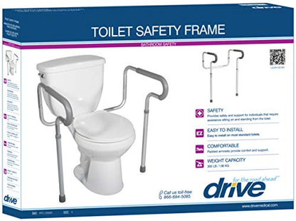 Drive Medical RTL12000 Toilet Safety Frame with Padded Arms, Anodized Aluminum Frame, Height and Width-adjustable Arms, Powder-coated Aluminum Bracket, Capacity up to 300 lb