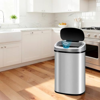 Automatic 13 Gallon Kitchen Stainless Steel Touch Free Trash Can with Lid High-Capacity Waste Bin with Ring Garbage Can for Home Kitchen Bathroom Bedroom Office