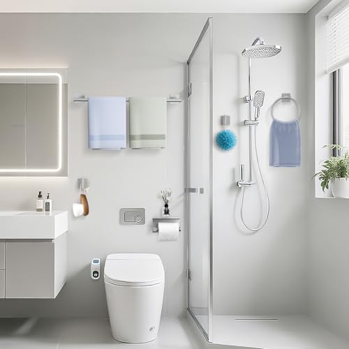 TURS 5-Pieces Brushed Nickel Bathroom Hardware Set 23.6 Inch SUS304 Stainless Steel Towel Bar Set Wall Mounted Square Toilet Paper Holder with Shelf - color: Brushed Nickel, size: 5-Pieces Set