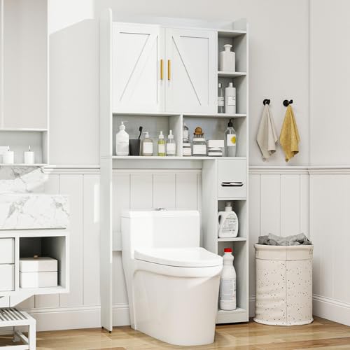 Farmhouse Over the Toilet Storage Cabinet with 2 Doors & 7 Shelves | Rustic Bathroom Cabinet Organizer Storage for Bathroom, Laundry - color: Beige